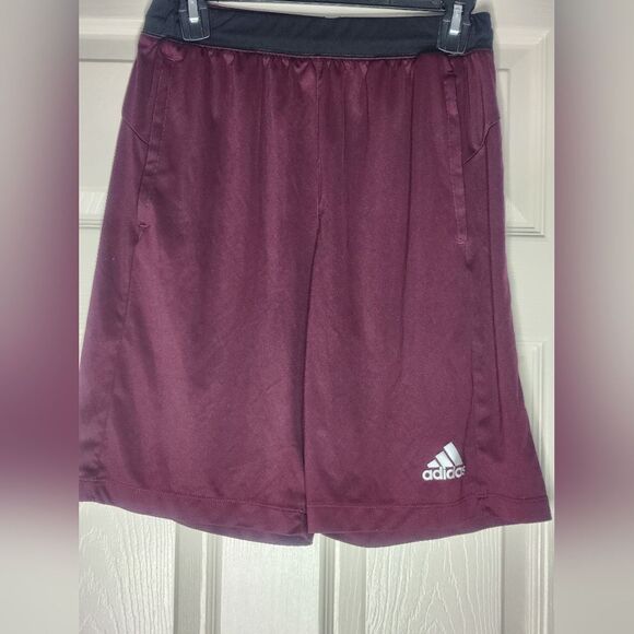 Adidas M Burgundy Logo Elastic Waist Cord Pockets Men's Sport Shorts - Picture 3 of 9